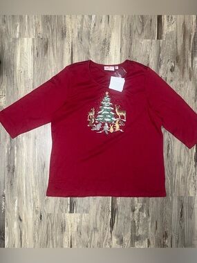 Quacker Factory Christmas Tree Forest Animals Red Top Shirt Women's XL